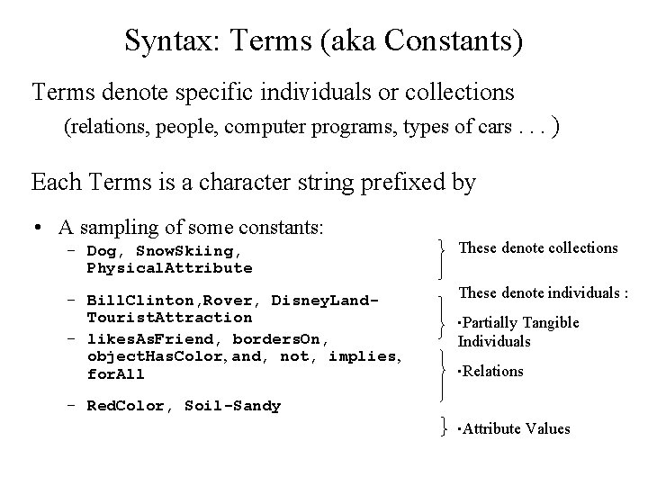 Syntax: Terms (aka Constants) Terms denote specific individuals or collections (relations, people, computer programs,