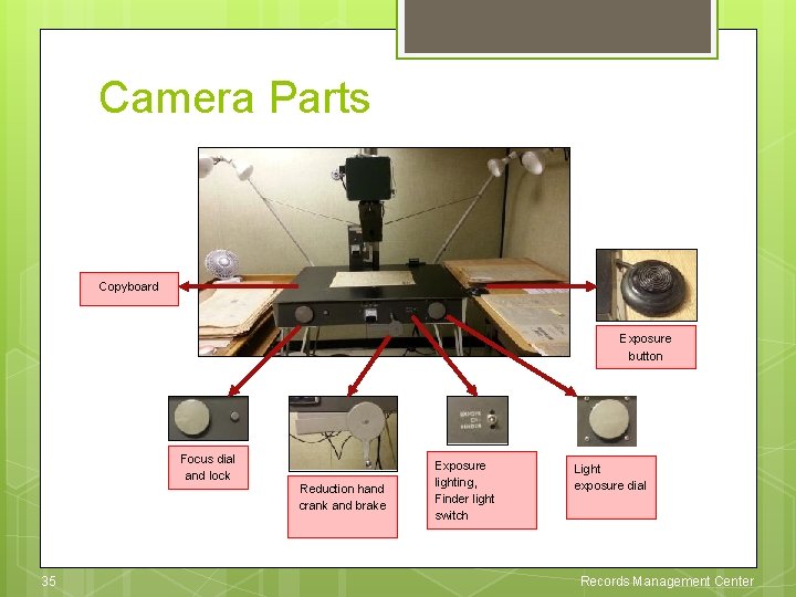 Camera Parts Copyboard Exposure button Focus dial and lock 35 Reduction hand crank and Camera Parts Copyboard Exposure button Focus dial and lock 35 Reduction hand crank and
