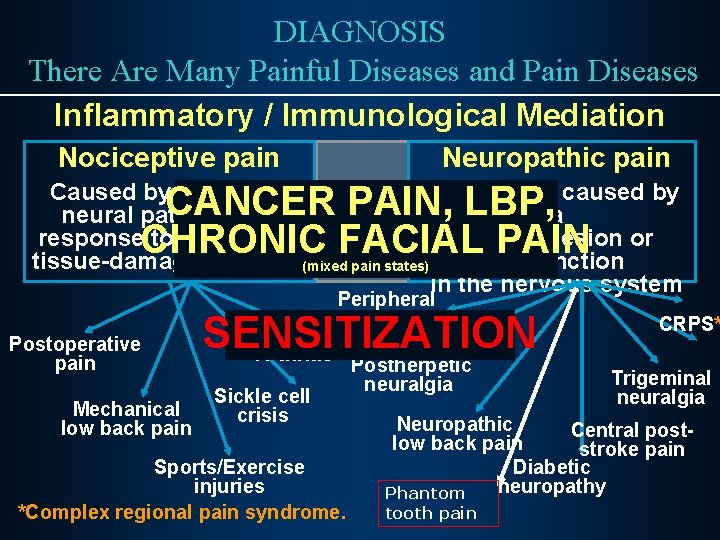 DIAGNOSIS There Are Many Painful Diseases and Pain Diseases Inflammatory / Immunological Mediation Nociceptive