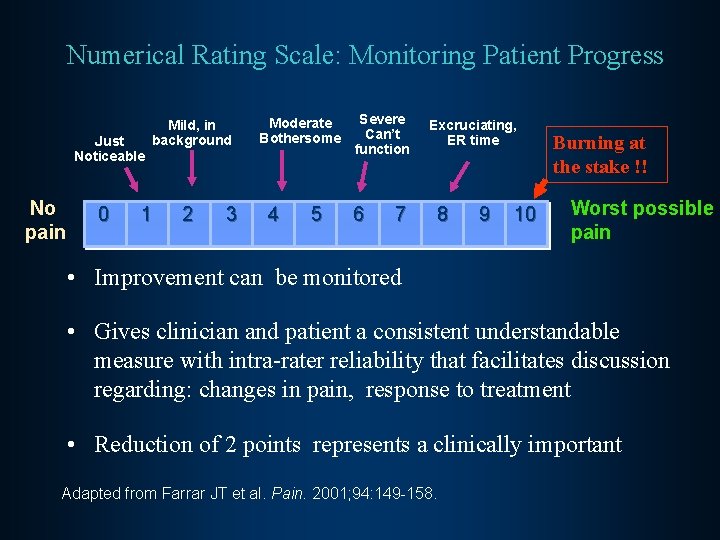 Numerical Rating Scale: Monitoring Patient Progress Just Noticeable No pain 0 Mild, in background