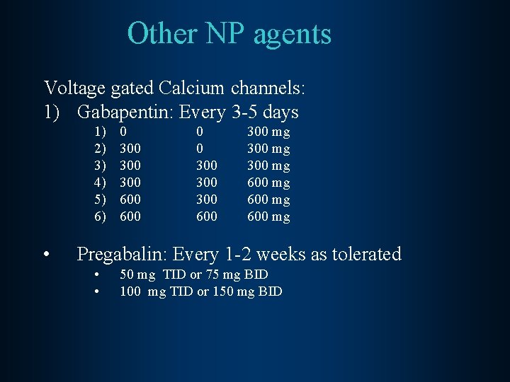 Other NP agents Voltage gated Calcium channels: 1) Gabapentin: Every 3 -5 days 1)