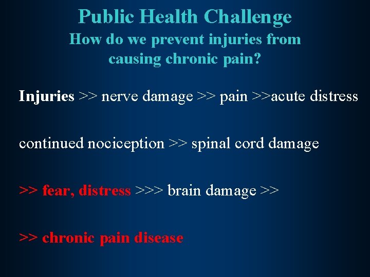 Public Health Challenge How do we prevent injuries from causing chronic pain? Injuries >>