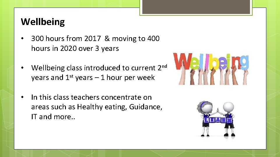 Wellbeing • 300 hours from 2017 & moving to 400 hours in 2020 over