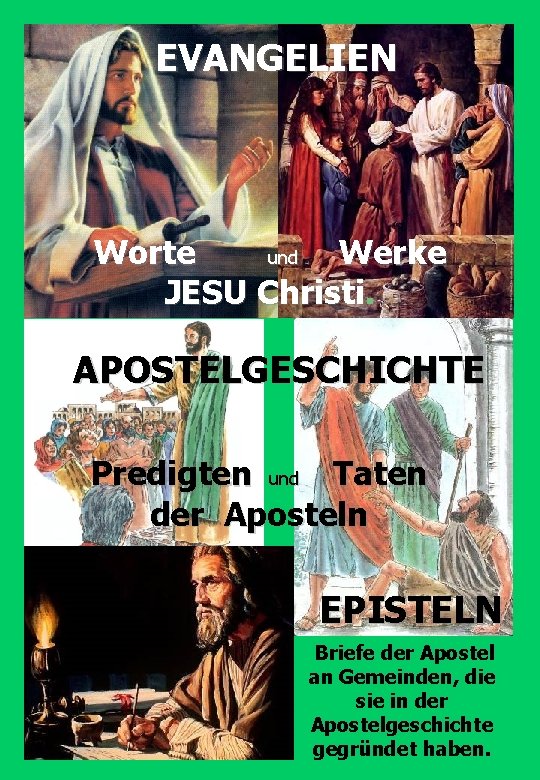 EVANGELIEN Worte und Werke JESU Christi APOSTELGESCHICHTE Predigten und Taten der Aposteln EPISTELN Briefe