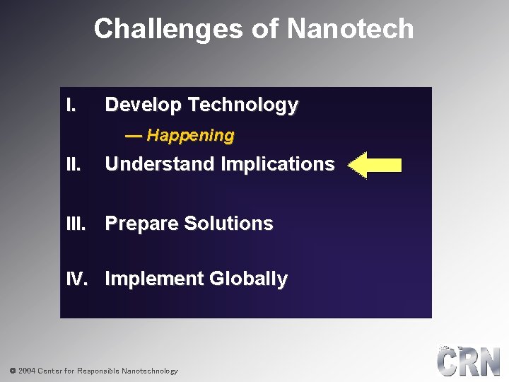 Challenges of Nanotech I. Develop Technology — Happening II. Understand Implications III. Prepare Solutions