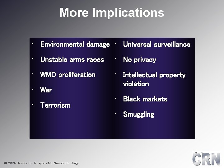 More Implications • Environmental damage • Universal surveillance • Unstable arms races • No