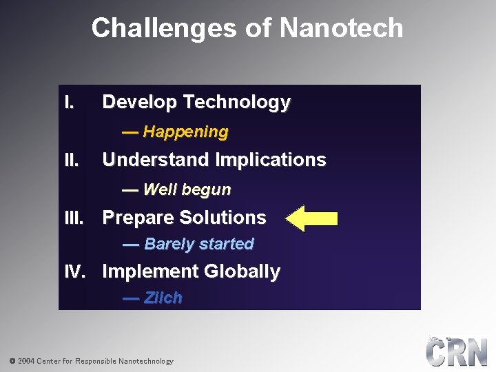 Challenges of Nanotech I. Develop Technology — Happening II. Understand Implications — Well begun