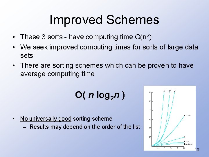 Improved Schemes • These 3 sorts - have computing time O(n 2) • We