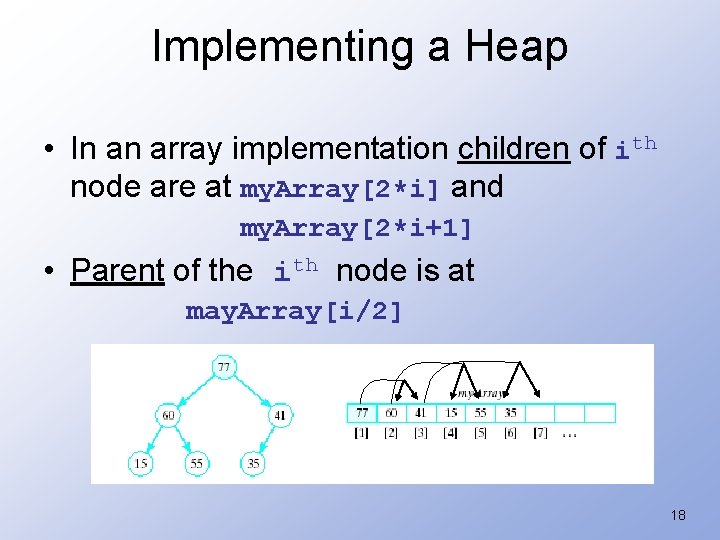 Implementing a Heap • In an array implementation children of ith node are at