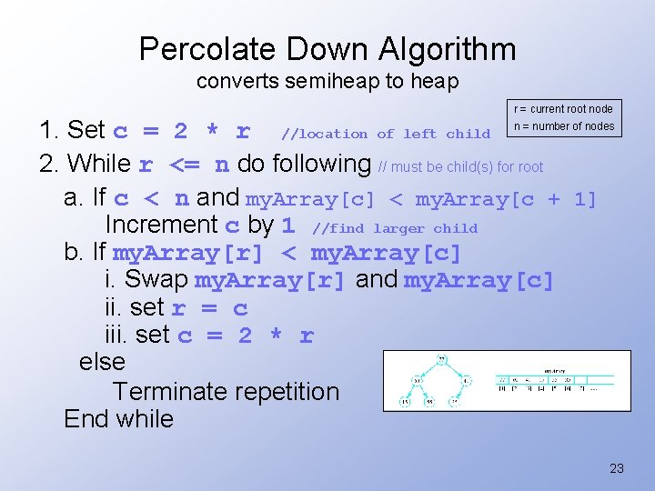 Percolate Down Algorithm converts semiheap to heap r = current root node 1. Set