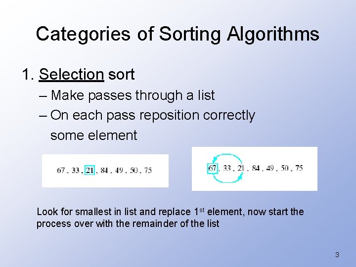 Categories of Sorting Algorithms 1. Selection sort – Make passes through a list –