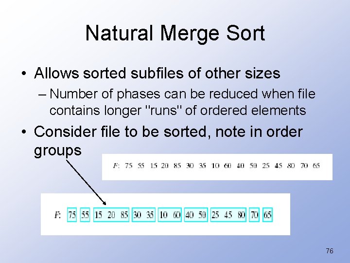 Natural Merge Sort • Allows sorted subfiles of other sizes – Number of phases