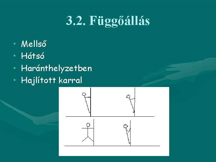 3. 2. Függőállás • • Mellső Hátsó Haránthelyzetben Hajlított karral 