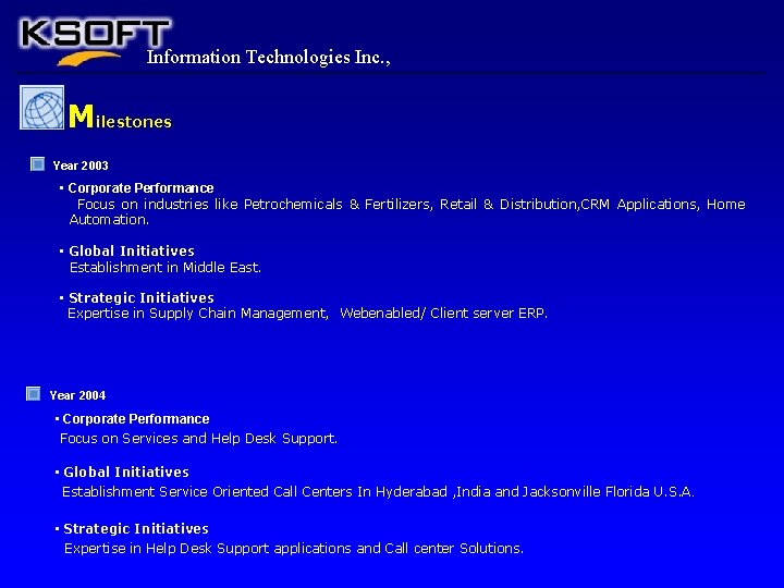 Information Technologies Inc. , Milestones Year 2003 • Corporate Performance Focus on industries like