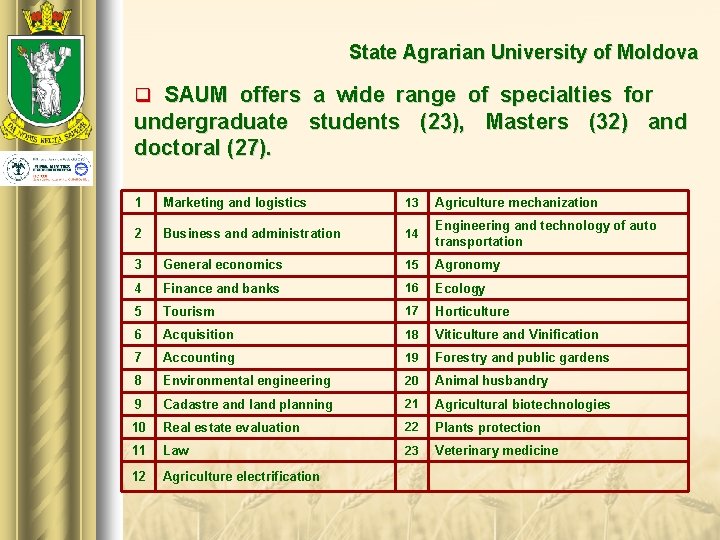 State Agrarian University of Moldova q SAUM offers a wide range of specialties for