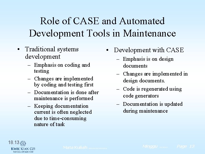 Role of CASE and Automated Development Tools in Maintenance • Traditional systems development •