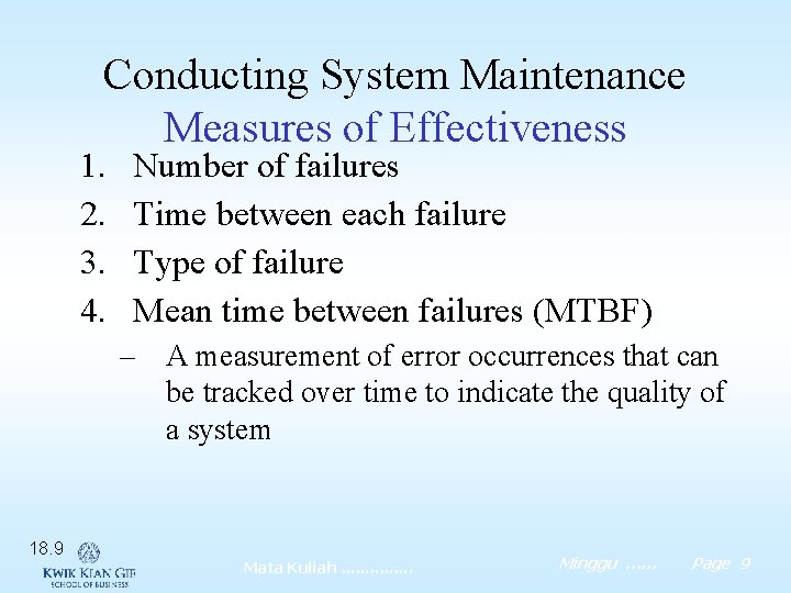 Conducting System Maintenance Measures of Effectiveness 1. 2. 3. 4. Number of failures Time