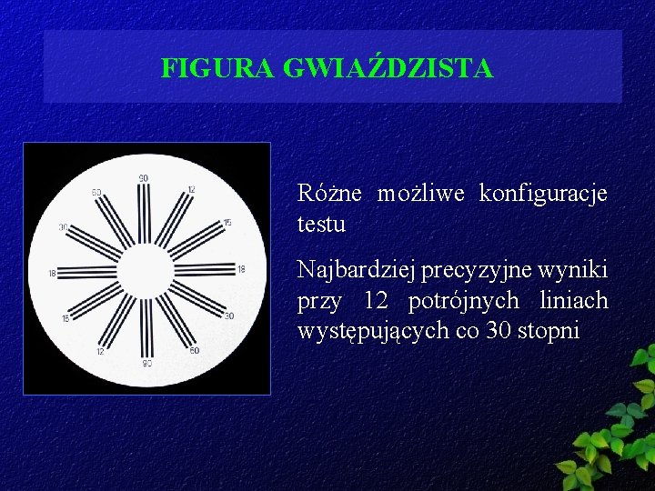 FIGURA GWIAŹDZISTA Różne możliwe konfiguracje testu Najbardziej precyzyjne wyniki przy 12 potrójnych liniach występujących