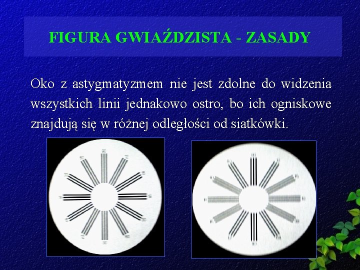 FIGURA GWIAŹDZISTA - ZASADY Oko z astygmatyzmem nie jest zdolne do widzenia wszystkich linii