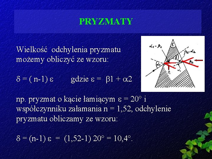 PRYZMATY Wielkość odchylenia pryzmatu możemy obliczyć ze wzoru: = ( n-1) gdzie = 1