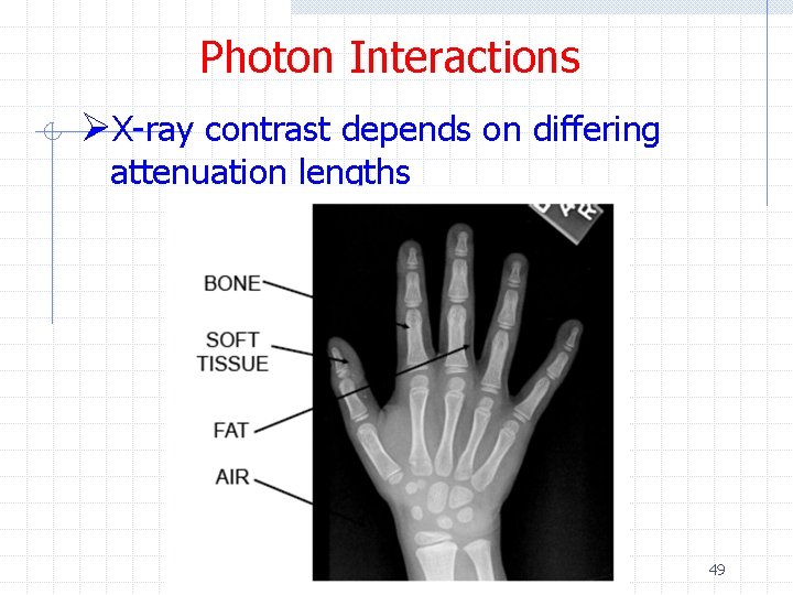 Photon Interactions ØX-ray contrast depends on differing attenuation lengths 49 