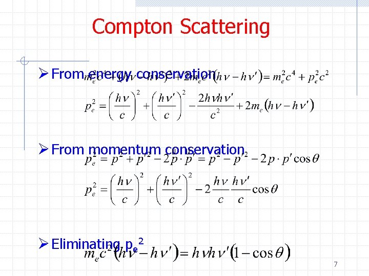 Compton Scattering Ø From energy conservation Ø From momentum conservation Ø Eliminating pe 2