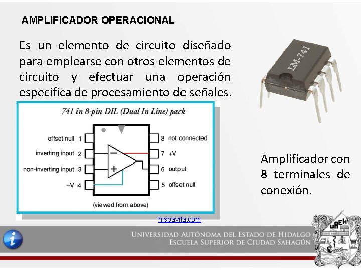 AMPLIFICADOR OPERACIONAL Es un elemento de circuito diseñado para emplearse con otros elementos de