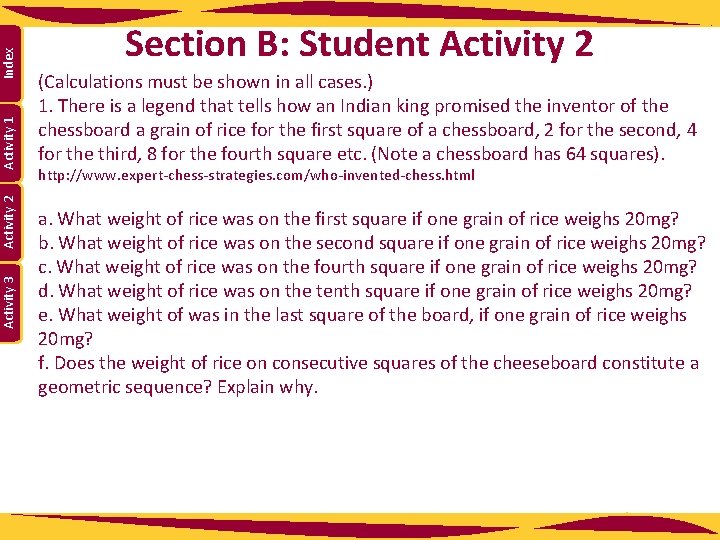 Index Activity 1 Activity 2 Activity 3 Section B: Student Activity 2 (Calculations must