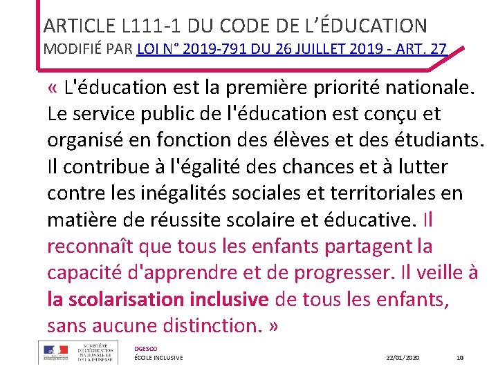 ARTICLE L 111 -1 DU CODE DE L’ÉDUCATION MODIFIÉ PAR LOI N° 2019 -791 ARTICLE L 111 -1 DU CODE DE L’ÉDUCATION MODIFIÉ PAR LOI N° 2019 -791