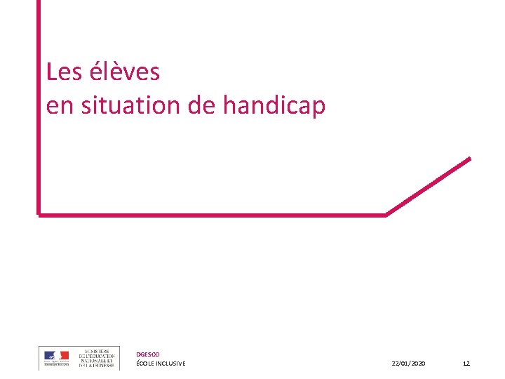 Les élèves en situation de handicap DGESCO ÉCOLE INCLUSIVE 22/01/2020 12 Les élèves en situation de handicap DGESCO ÉCOLE INCLUSIVE 22/01/2020 12
