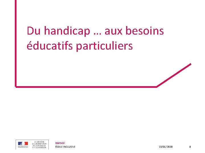 Du handicap … aux besoins éducatifs particuliers DGESCO ÉCOLE INCLUSIVE 22/01/2020 4 Du handicap … aux besoins éducatifs particuliers DGESCO ÉCOLE INCLUSIVE 22/01/2020 4