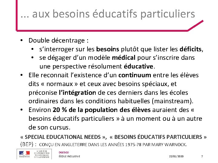 . . . aux besoins éducatifs particuliers • Double décentrage : • s’interroger sur . . . aux besoins éducatifs particuliers • Double décentrage : • s’interroger sur