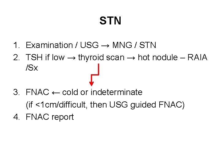 STN 1. Examination / USG → MNG / STN 2. TSH if low →