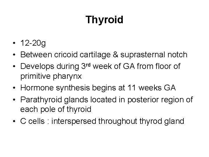 Thyroid • 12 -20 g • Between cricoid cartilage & suprasternal notch • Develops
