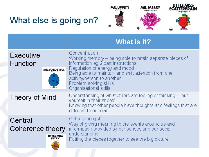 What else is going on? What is it? Executive Function Concentration Working memory – What else is going on? What is it? Executive Function Concentration Working memory –