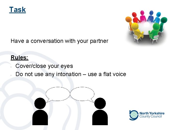Task Have a conversation with your partner Rules: - Cover/close your eyes - Do Task Have a conversation with your partner Rules: - Cover/close your eyes - Do