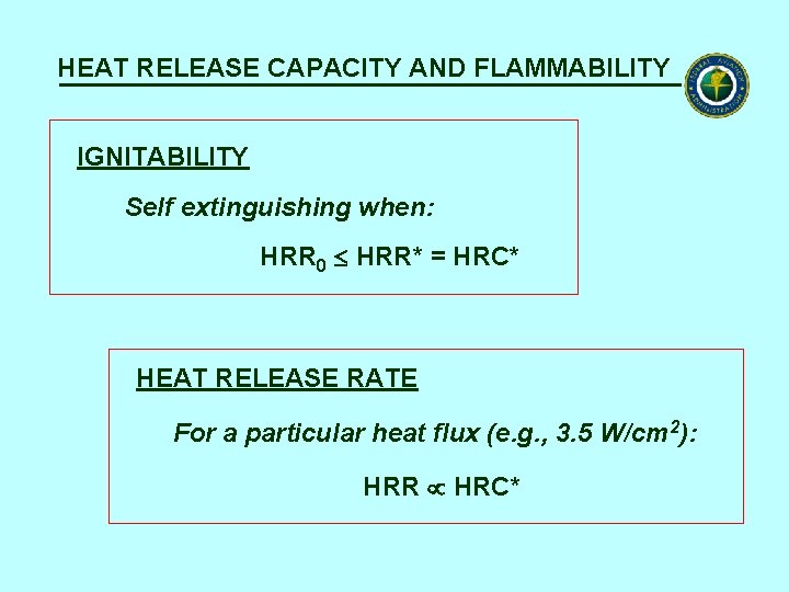 HEAT RELEASE CAPACITY AND FLAMMABILITY IGNITABILITY Self extinguishing when: HRR 0 HRR* = HRC*