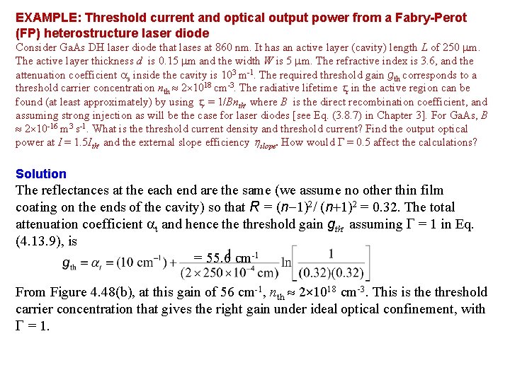 EXAMPLE: Threshold current and optical output power from a Fabry-Perot (FP) heterostructure laser diode