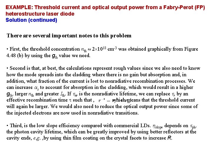 EXAMPLE: Threshold current and optical output power from a Fabry-Perot (FP) heterostructure laser diode