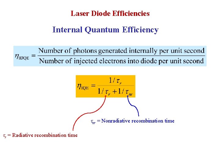 Laser Diode Efficiencies Internal Quantum Efficiency tnr = Nonradiative recombination time tr = Radiative