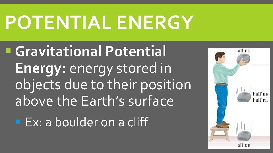 POTENTIAL ENERGY Gravitational Potential Energy: energy stored in objects due to their position above