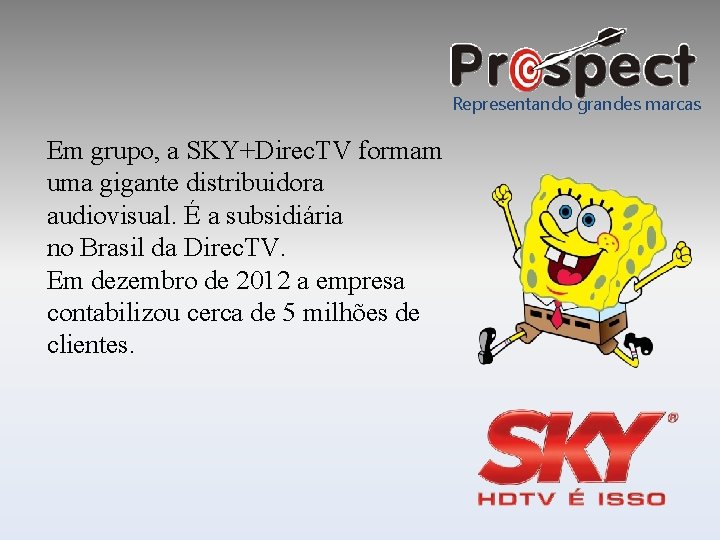 Representando grandes marcas Em grupo, a SKY+Direc. TV formam uma gigante distribuidora audiovisual. É