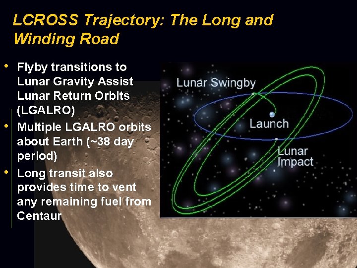 LCROSS Trajectory: The Long and Winding Road • Flyby transitions to • • Lunar