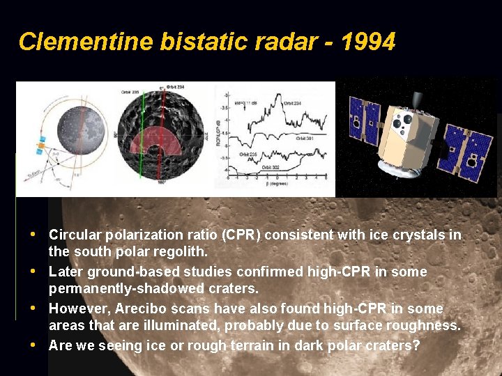 Clementine bistatic radar - 1994 • Circular polarization ratio (CPR) consistent with ice crystals