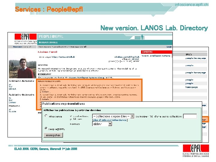 Services : People@epfl infoscience. epfl. ch New version. LANOS Lab. Directory ELAG 2005. CERN, Services : People@epfl infoscience. epfl. ch New version. LANOS Lab. Directory ELAG 2005. CERN,