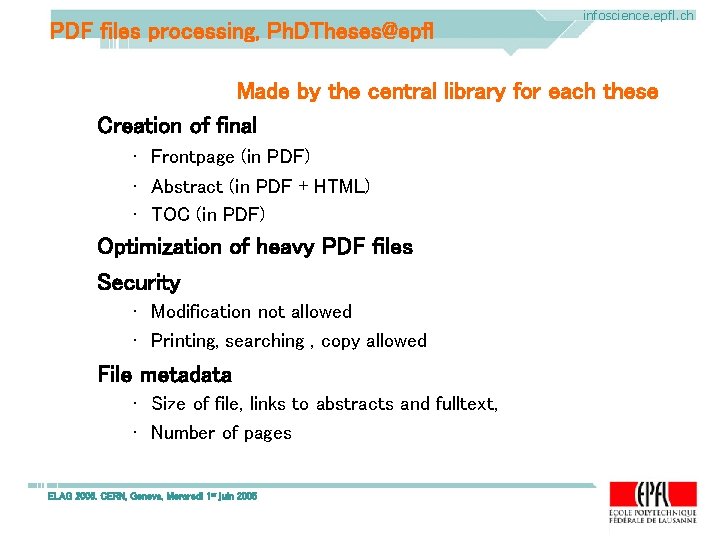 PDF files processing, Ph. DTheses@epfl infoscience. epfl. ch Made by the central library for PDF files processing, Ph. DTheses@epfl infoscience. epfl. ch Made by the central library for