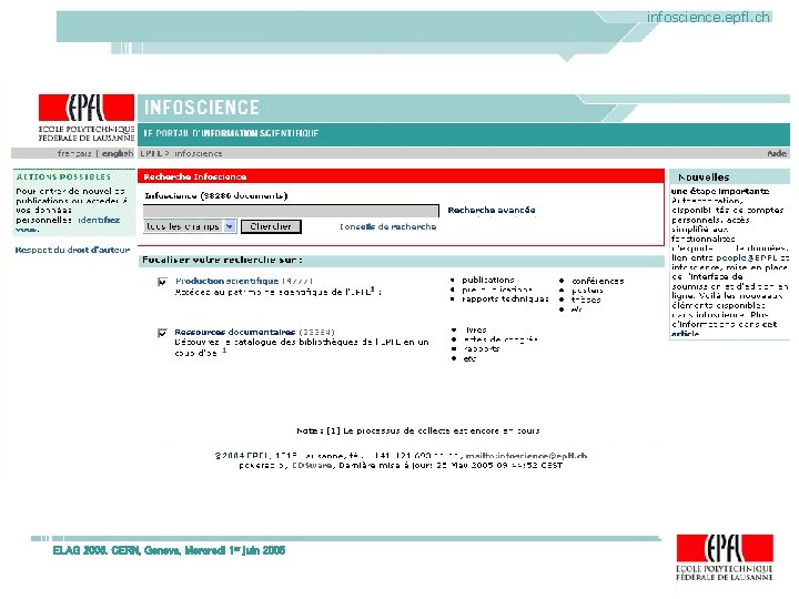 infoscience. epfl. ch ELAG 2005. CERN, Geneva, Mercredi 1 er juin 2005 infoscience. epfl. ch ELAG 2005. CERN, Geneva, Mercredi 1 er juin 2005