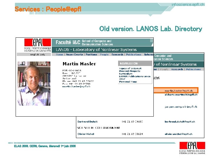 Services : People@epfl infoscience. epfl. ch Old version. LANOS Lab. Directory ELAG 2005. CERN, Services : People@epfl infoscience. epfl. ch Old version. LANOS Lab. Directory ELAG 2005. CERN,
