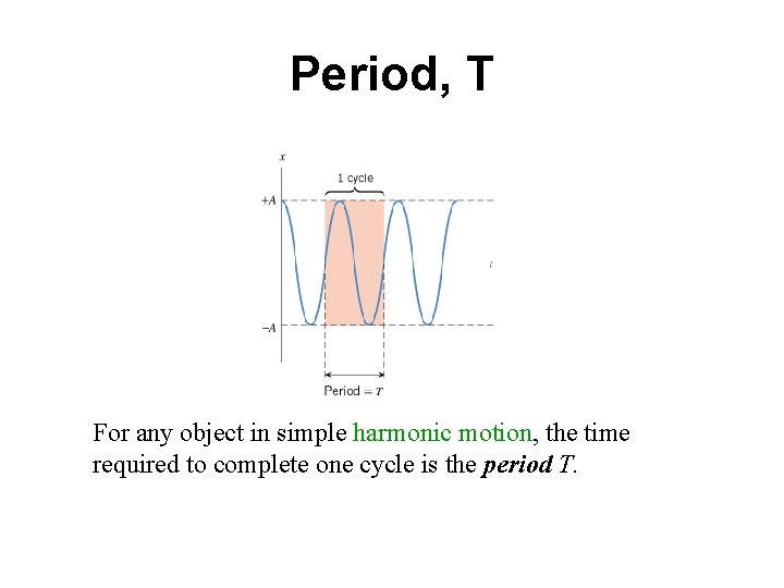 Period, T For any object in simple harmonic motion, the time required to complete