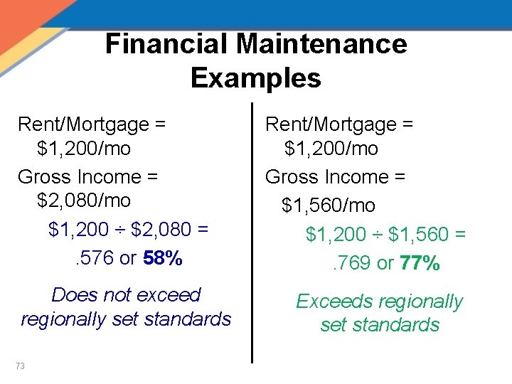 Financial Maintenance Examples Rent/Mortgage = $1, 200/mo Gross Income = $2, 080/mo $1, 200